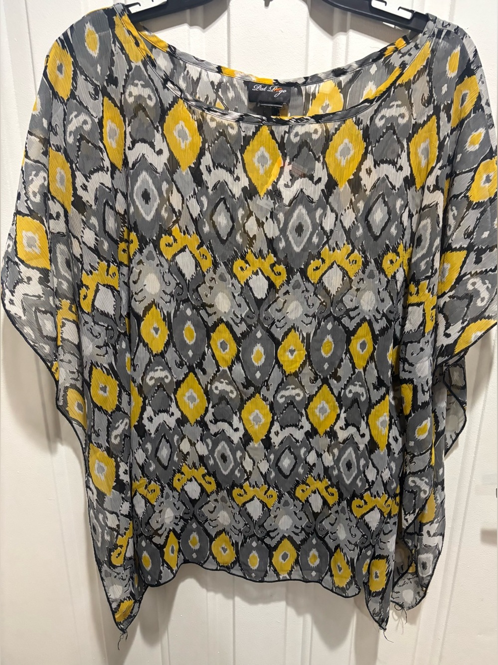 Gray & Yellow Printed Sheer Batwing Top with earrings!